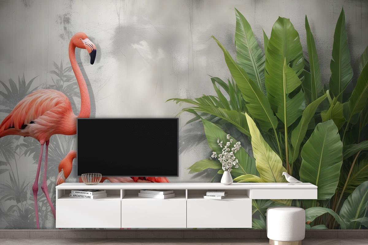 Tropikal Yapraklı 3D Görünümlü Pembe Flamingo Duvar Kağıdı