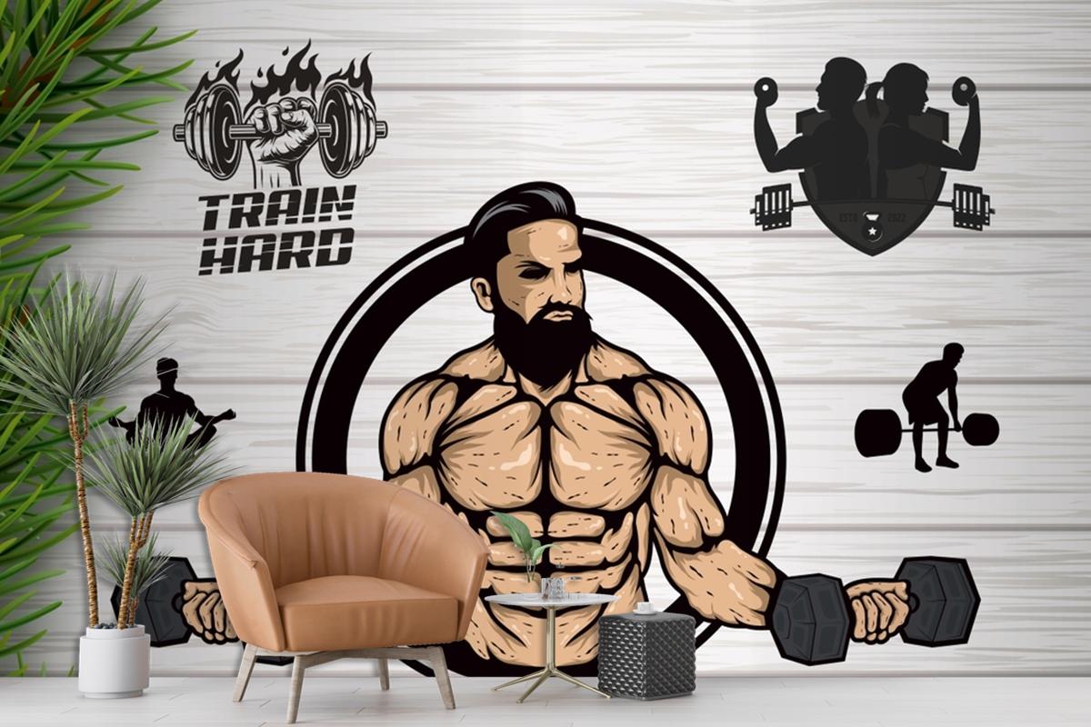 Ahşap Arka Plan Çim Dambıl Gym Fitness Duvar Kağıdı