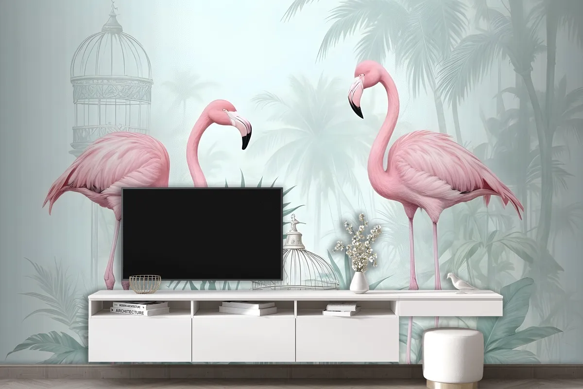 Tropikal Yapraklı Vintage Pembe Flamingo Duvar Kağıdı