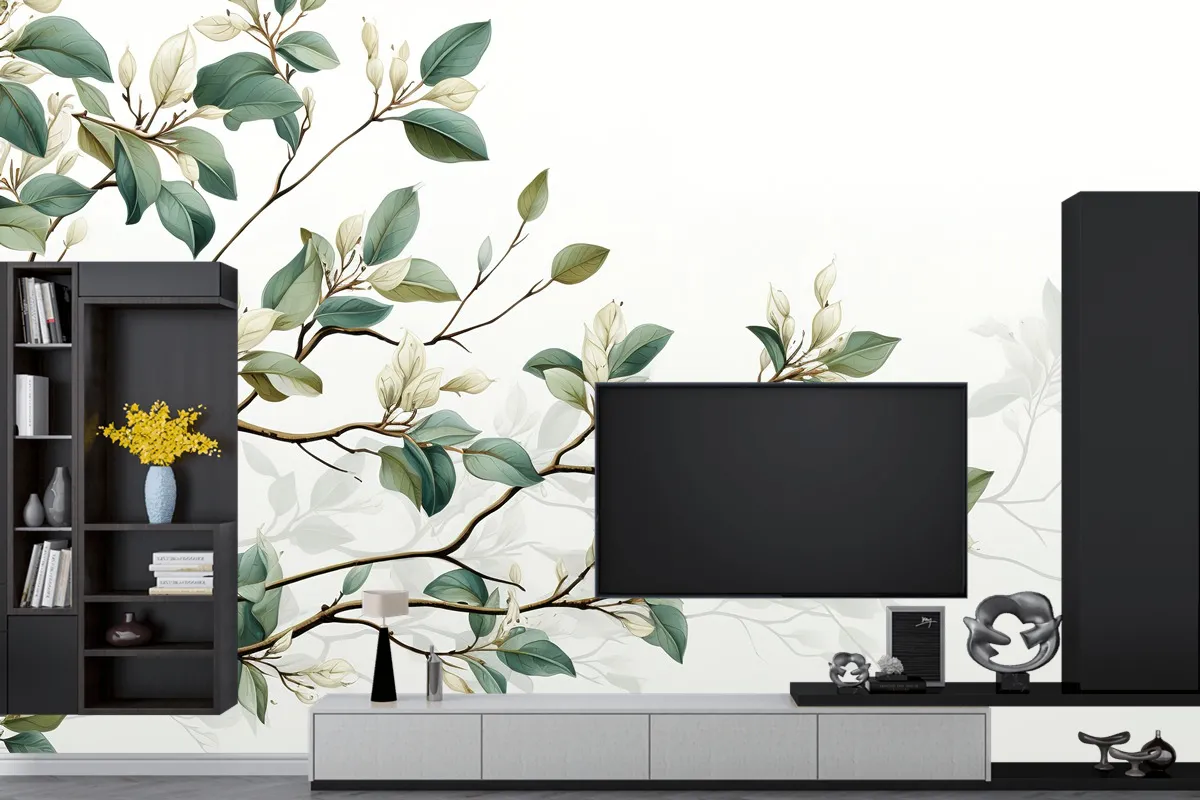 Koyu Yeşil Ve Beyaz Ficus Elastica Yapraklarından Oluşan Kusursuz Desen Tv Arkası Duvar Kağıdı