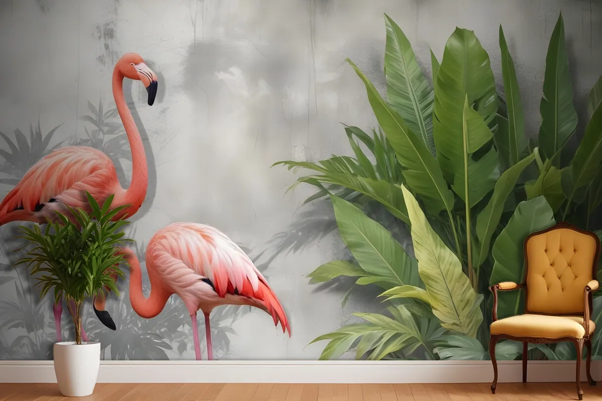 Tropikal Yapraklı 3D Görünümlü Pembe Flamingo Duvar Kağıdı