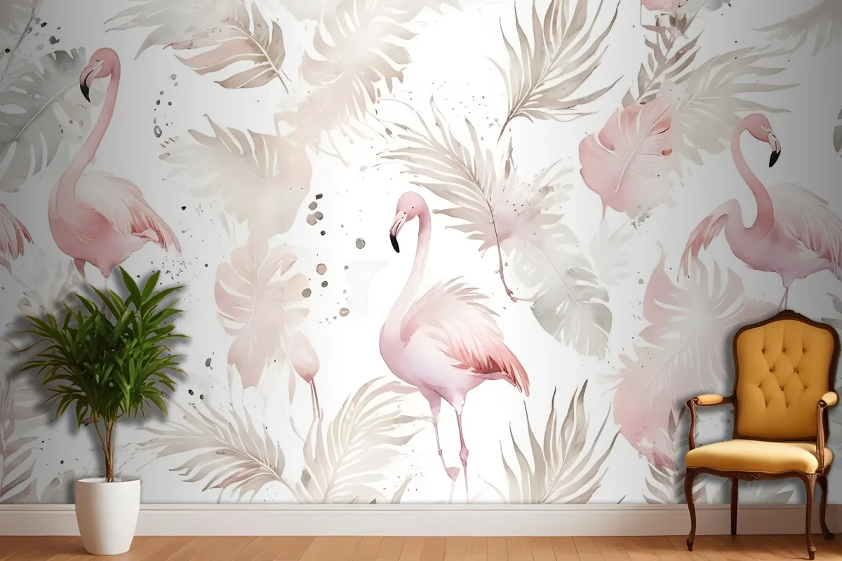 Boho Tropikal Yaprak Duvar Kağıdı  Ile Yumuşak Flamingo Sanatı