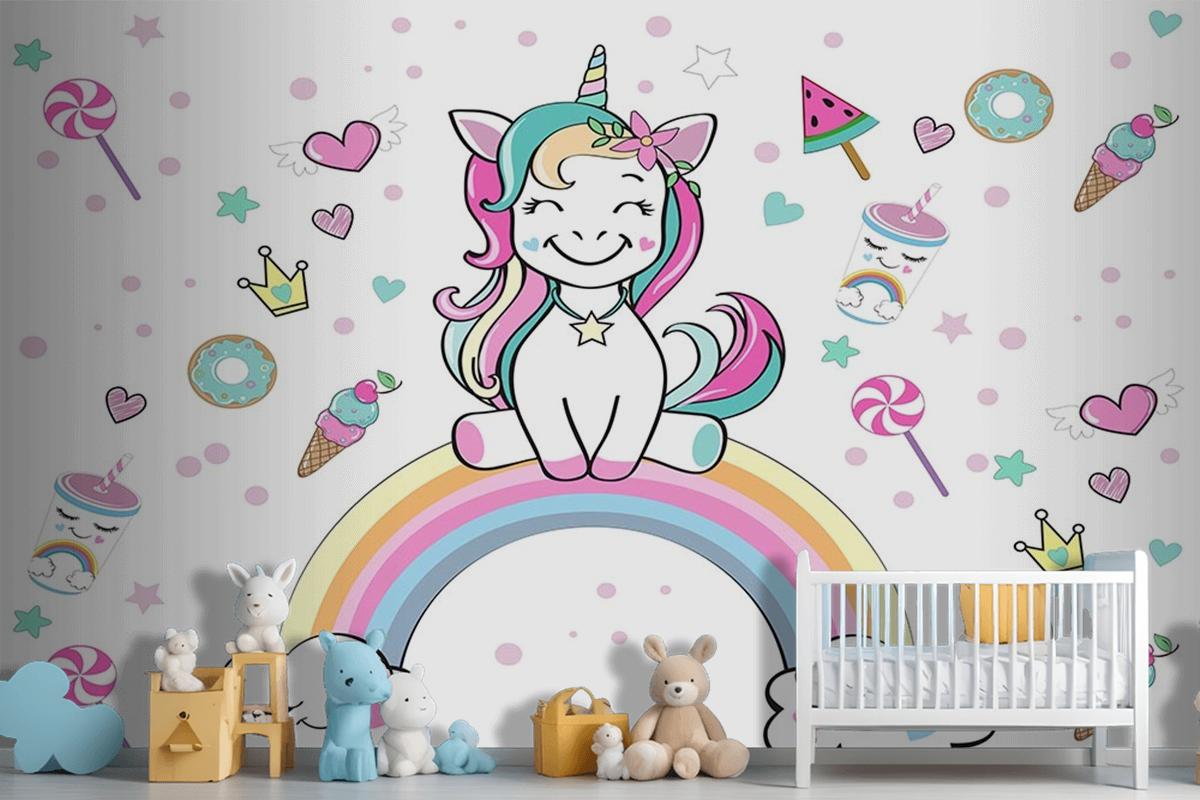 Unicorn Gökkuşağı Çocuk Odası Duvar Kağıdı