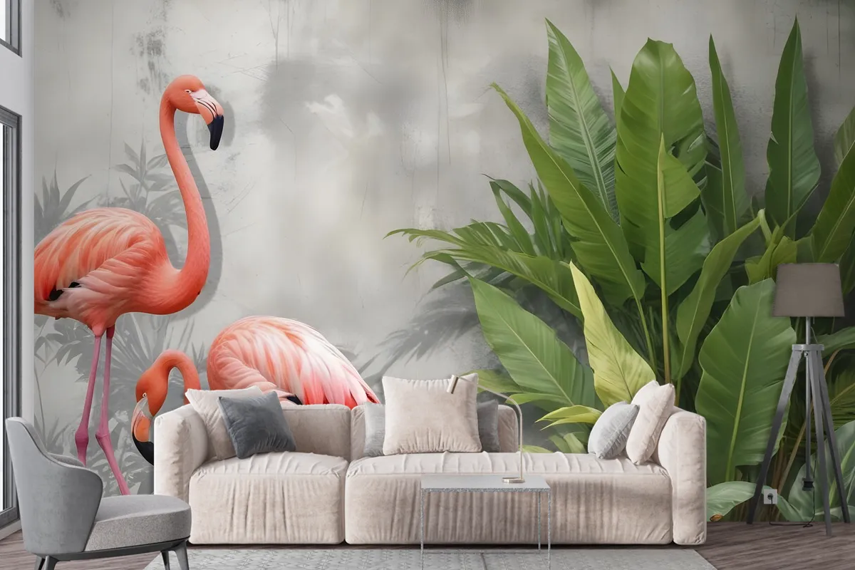 Tropikal Yapraklı 3D Görünümlü Pembe Flamingo Duvar Kağıdı