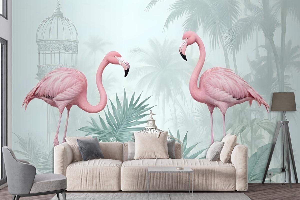 Tropikal Yapraklı Vintage Pembe Flamingo Duvar Kağıdı