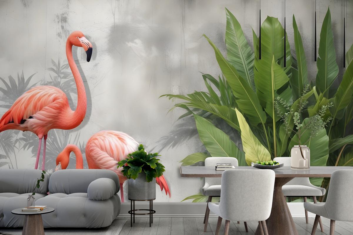 Tropikal Yapraklı 3D Görünümlü Pembe Flamingo Duvar Kağıdı