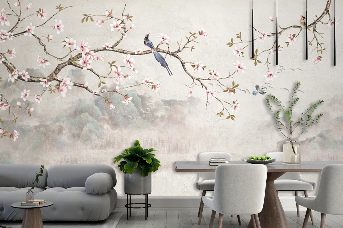 Kiraz Çiçeği Çiçekleri Ve Kuş Duvar Kağıdı  Ile Chinoiserie