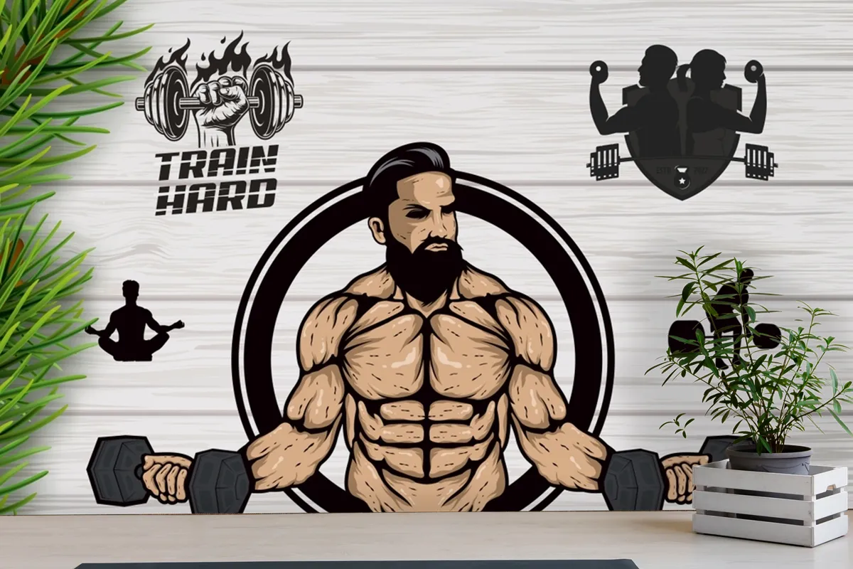 Ahşap Arka Plan Çim Dambıl Gym Fitness Duvar Kağıdı