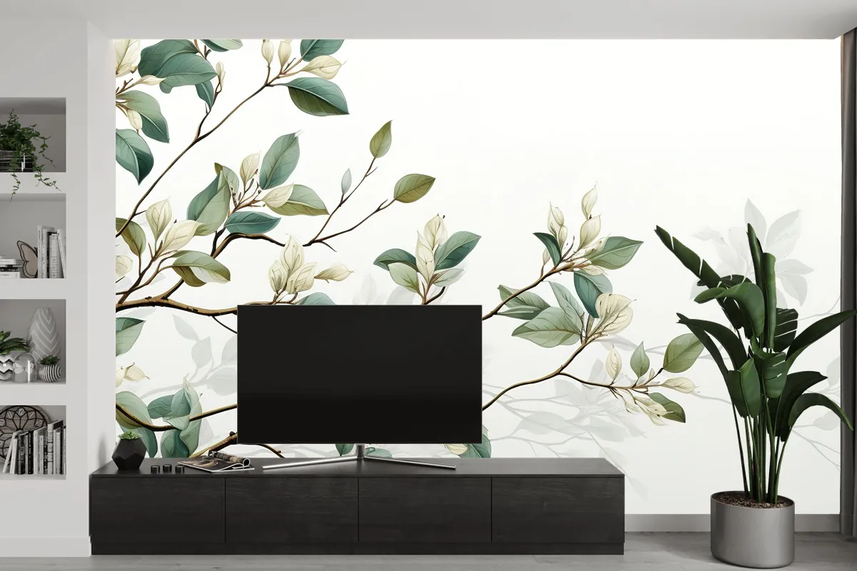 Koyu Yeşil Ve Beyaz Ficus Elastica Yapraklarından Oluşan Kusursuz Desen Tv Arkası Duvar Kağıdı