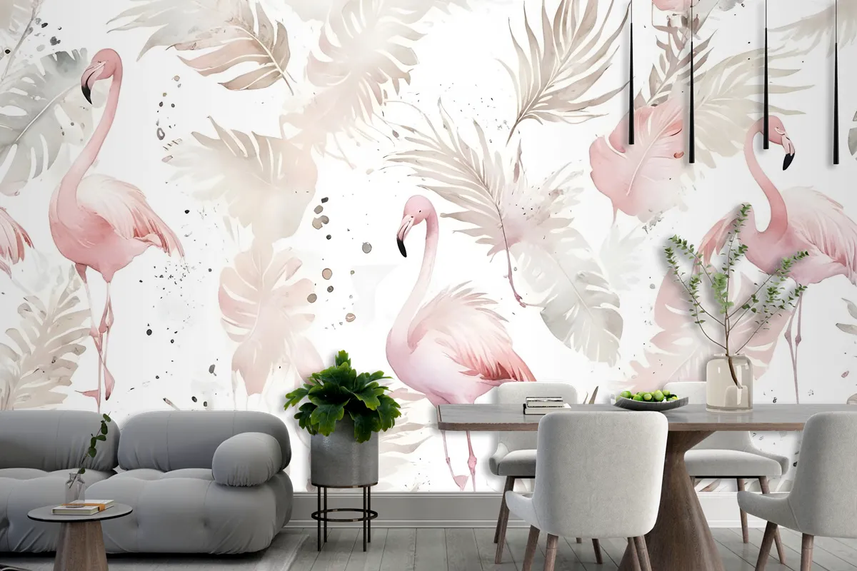 Boho Tropikal Yaprak Duvar Kağıdı  Ile Yumuşak Flamingo Sanatı