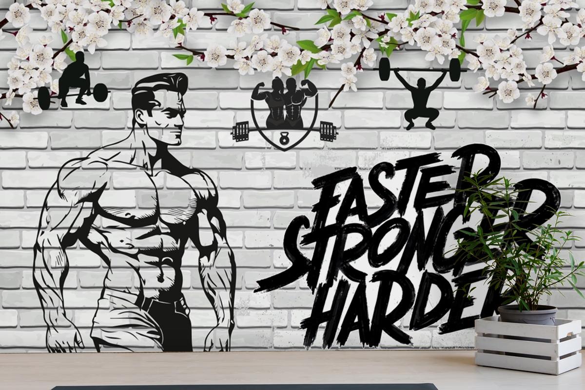 Tuğla Duvar Ve Çiçekler Fitness Gym Duvar Kağıdı