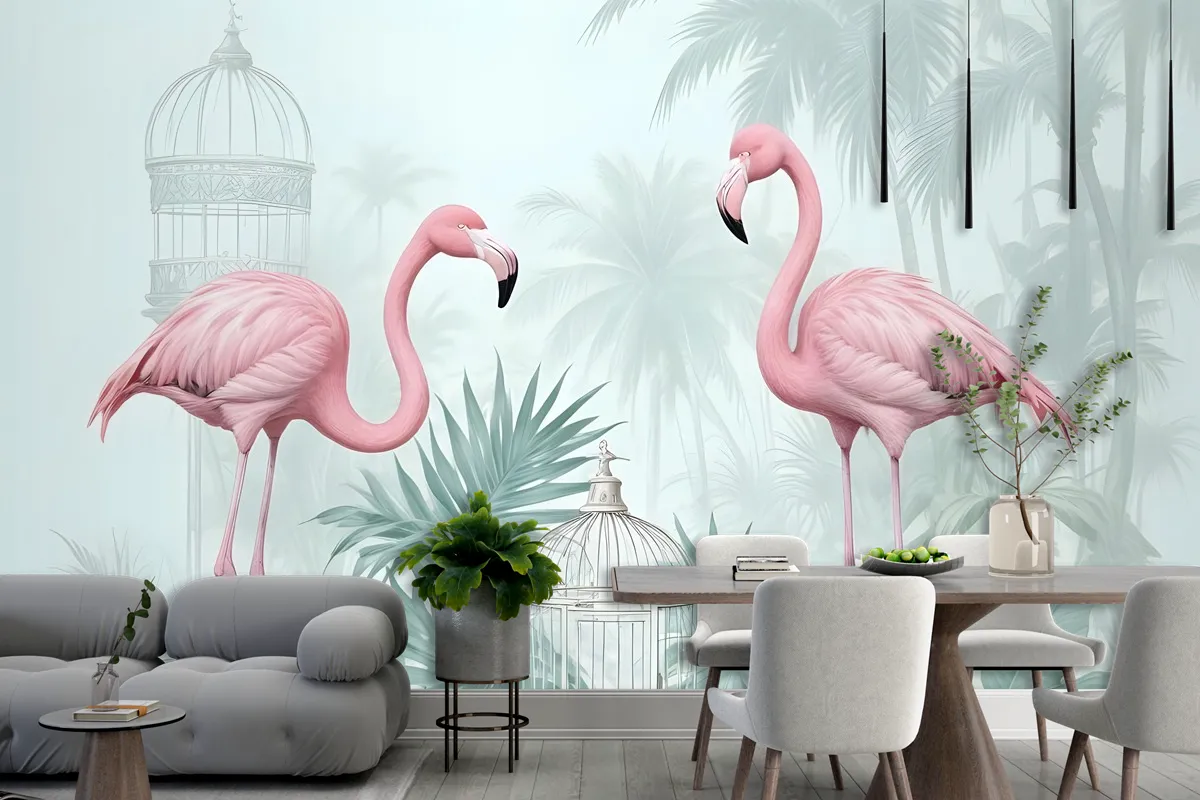 Tropikal Yapraklı Vintage Pembe Flamingo Duvar Kağıdı