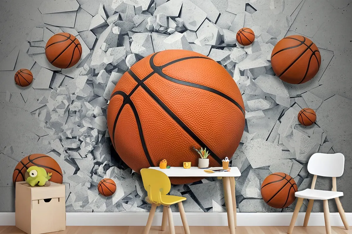 3 Boyutlu Çatlak Duvar Içinde Basketbol Topu Çocuk Odası Duvar Kağıdı