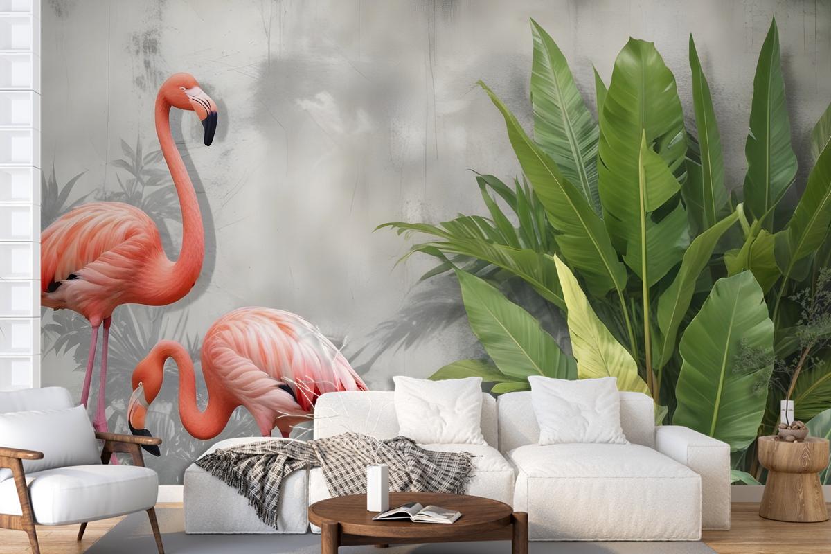 Tropikal Yapraklı 3D Görünümlü Pembe Flamingo Duvar Kağıdı