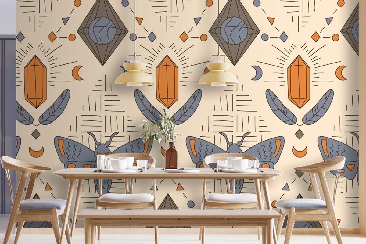 Elle Çizilmiş Boho Geometrik Desen Yemek Odası Duvar Kağıdı