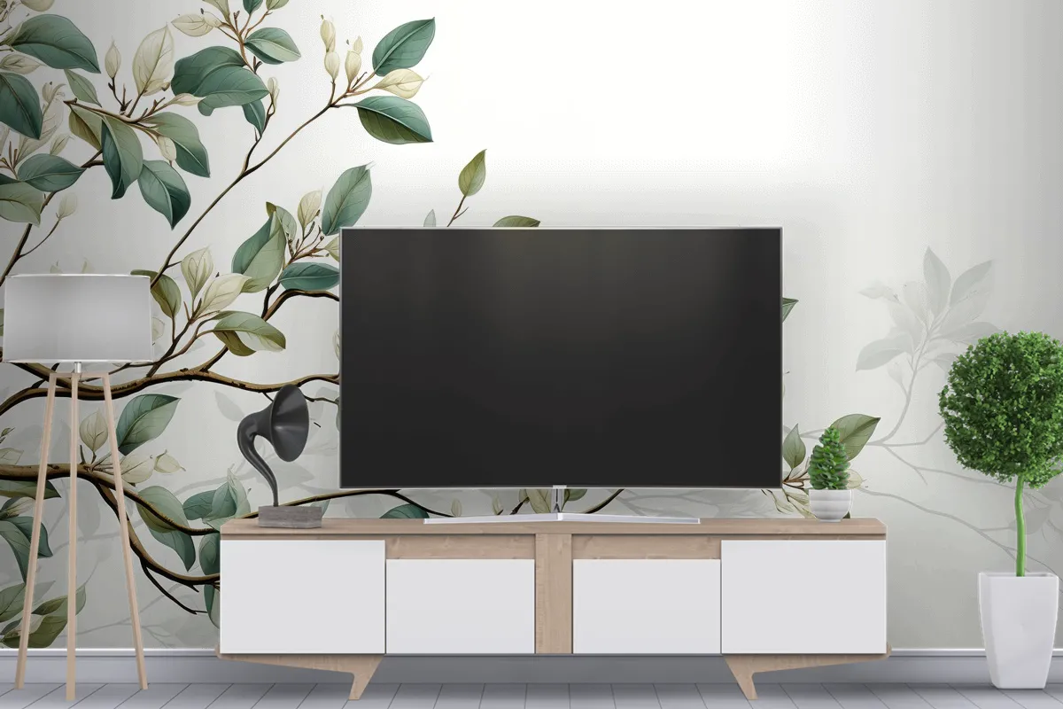 Koyu Yeşil Ve Beyaz Ficus Elastica Yapraklarından Oluşan Kusursuz Desen Tv Arkası Duvar Kağıdı